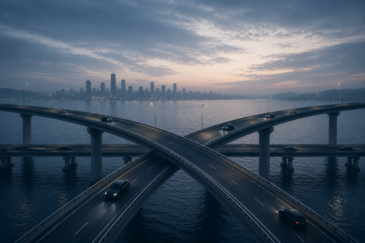 Two elevated highway bridges crossing over water at dusk with a distant city skyline — visual metaphor for K2verge's convergence of intelligence, resilience, operations, and execution