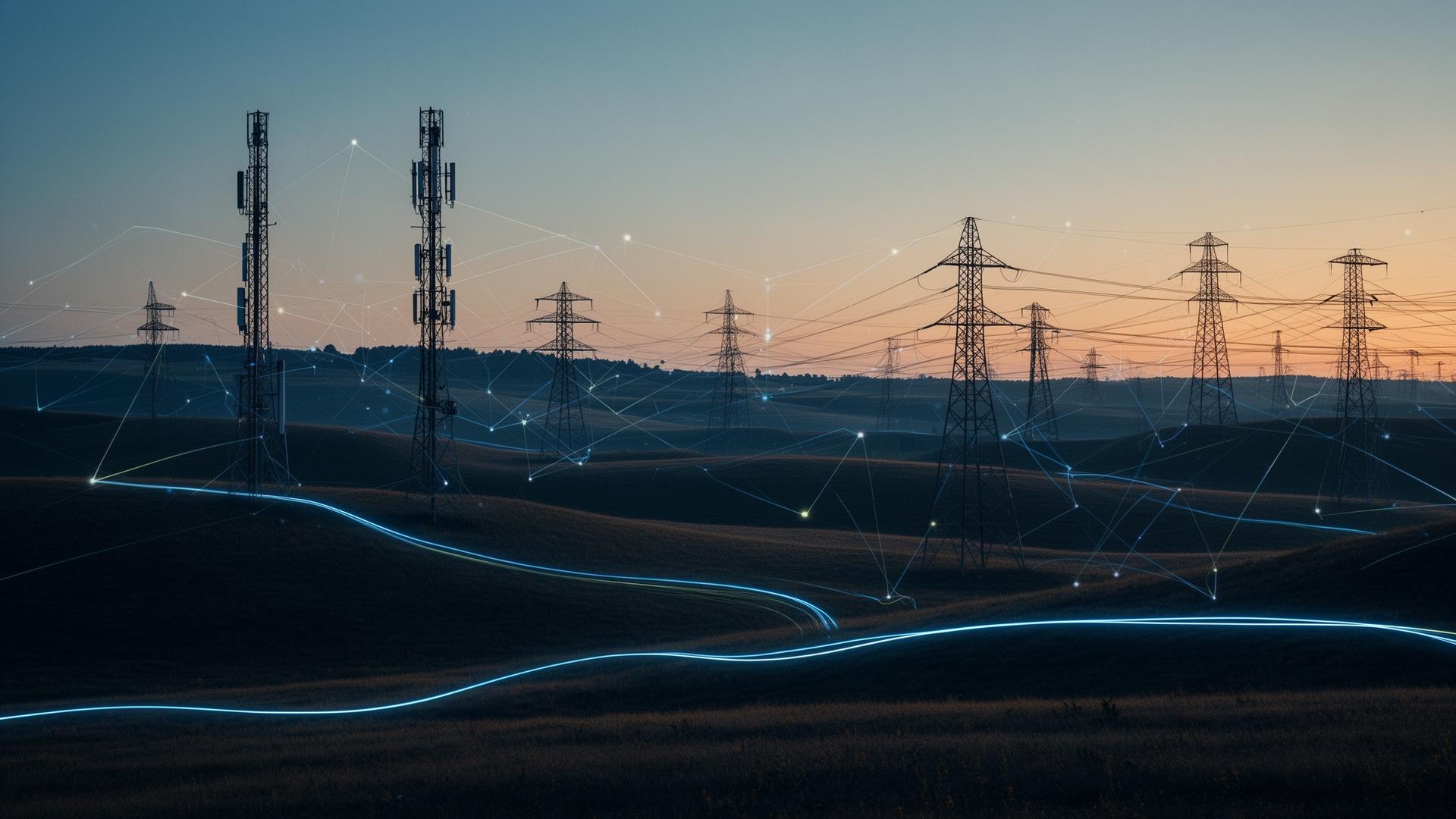 Telecom towers, power transmission grids, and fiber network overlays forming an interconnected national infrastructure ecosystem