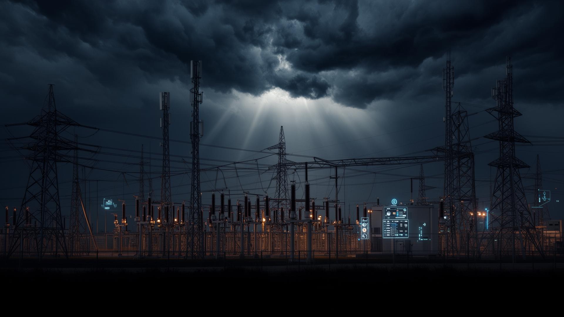 Grid substations, telecom infrastructure, and cyber-physical operations under a storm sky — operational continuity and crisis governance