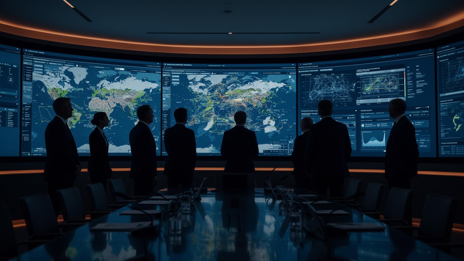 Senior leadership inside an executive coordination room reviewing global maritime, weather, and infrastructure dashboards
