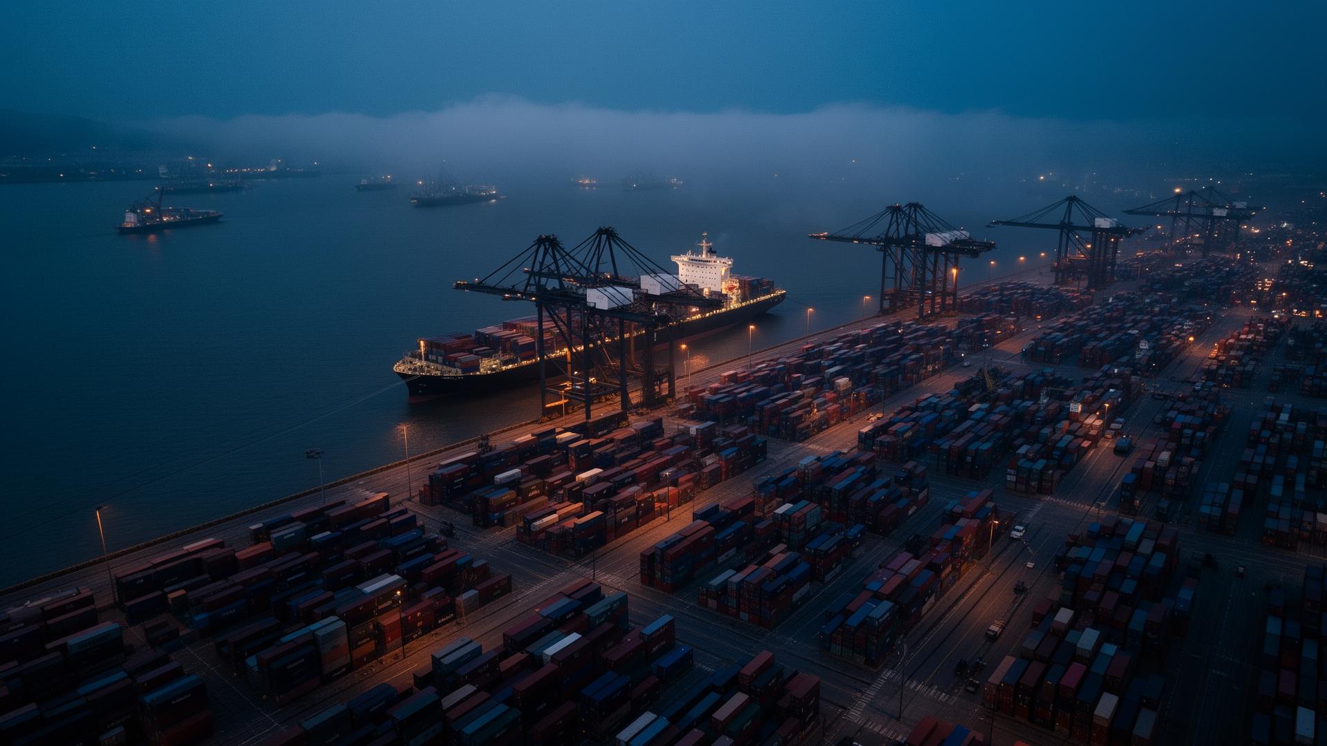 Aerial view of an active deep-water container port at blue hour, with stacked containers, gantry cranes, and a berthed vessel